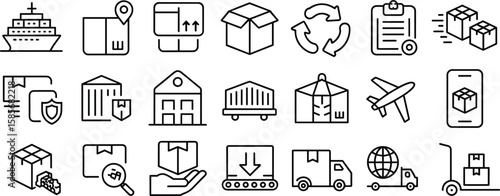 Logistics icons, delivery truck, cargo ship, warehouse storage, air freight, supply chain vector, shipping symbol, editable stroke design