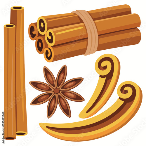 Collection of cinnamon sticks star anise and cinnamon swirls isolated on white background