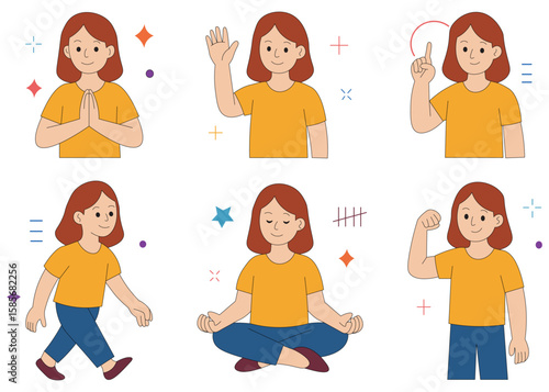 Cute young woman character in different poses and gestures flat vector illustration set. Woman avatar pack with hand gestures, yoga pose, meditation, and expressions vector collection.