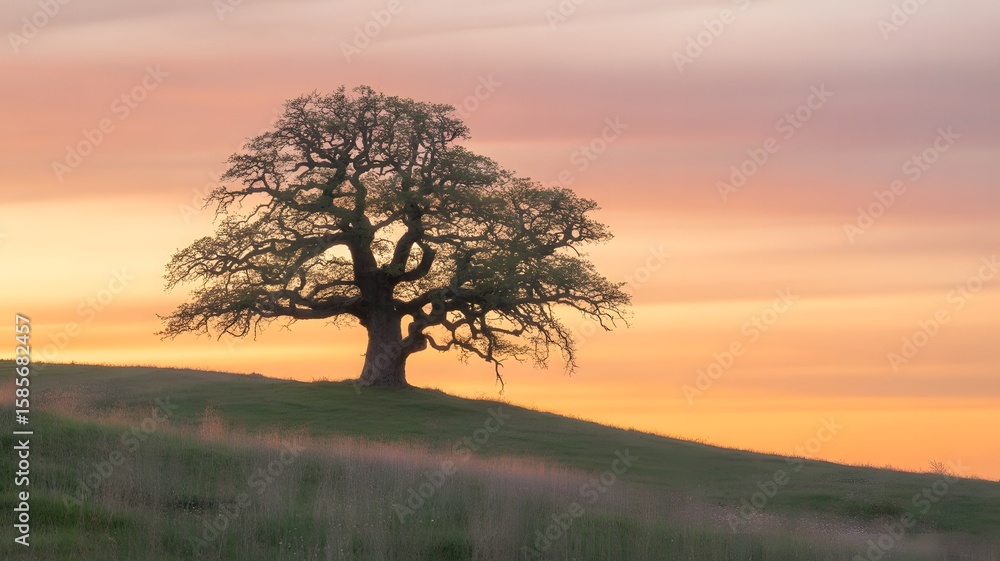 Fototapeta premium A photograph of a solitary, ancient oak tree standing proudly atop a gently sloping hill.