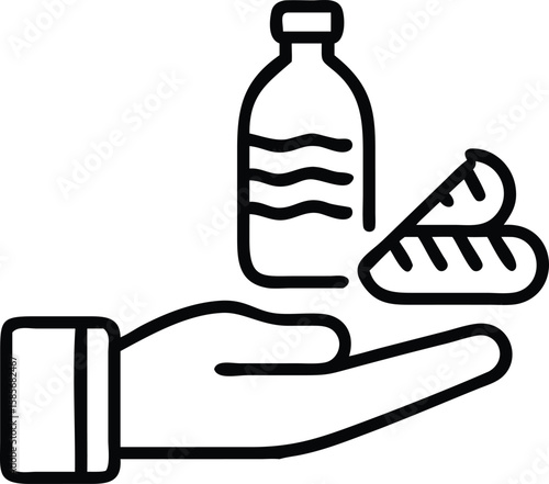 Line art hand offering water bottle and bread for support assistance