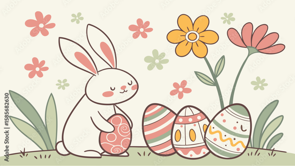 Obraz premium Cute easter bunny with easter eggs and flowers in a spring themed cartoon illustration style image