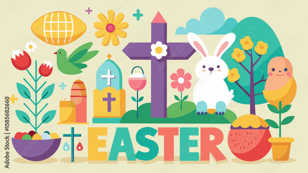 Illustration of easter themed elements including a bunny, cross, and easter eggs in a bowl Illustration of easter themed elements including a bunny, cross, and easter eggs in a bowl