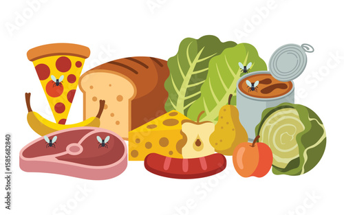 Various foods including pizza bread steak fruit and vegetables with flies