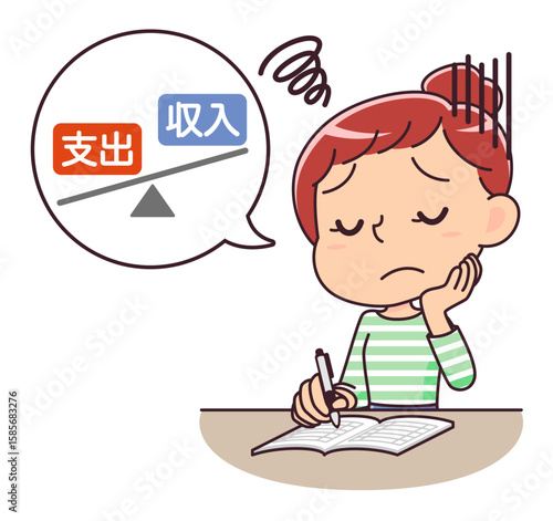 家計簿を付けながら赤字家計に悩む女性