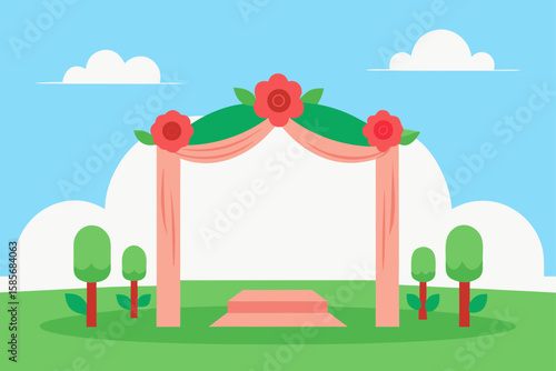 ceremony scene with soft grass and rose canopy