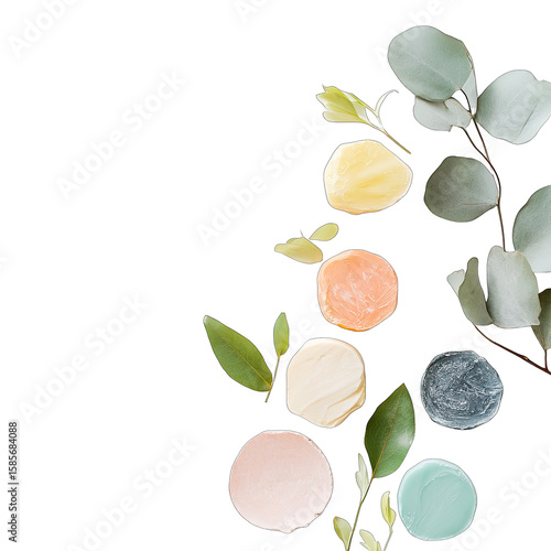Pastel-colored soap discs arranged with eucalyptus leaves on a black background, creating a visually appealing and organic composition