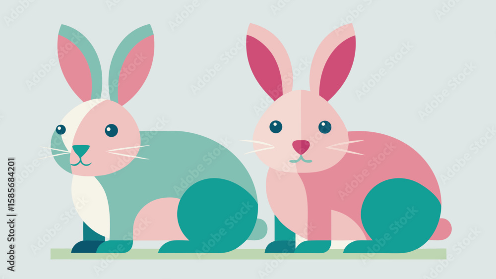 Fototapeta premium Two stylized rabbits one in pink and the other in teal sitting side by side on a light background