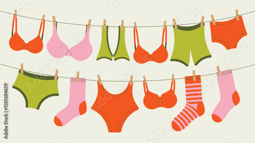 Colorful underwear and socks drying on a clothesline with wooden clothespins