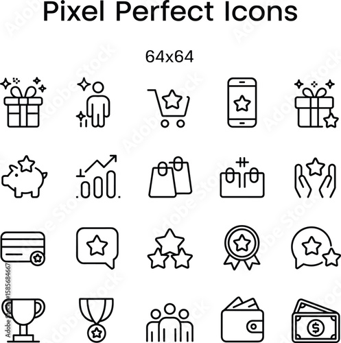 Loyalty reward icons, customer satisfaction, gift voucher, cashback, shopping cart, rating stars, premium service, wallet, and membership card