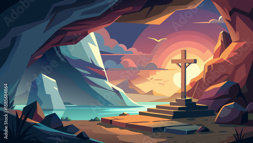 Illustration of a cross on a stone platform with a sunrise background and cave entrance view landscape