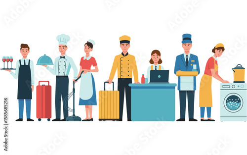 Diverse hotel staff representing various hospitality services and roles