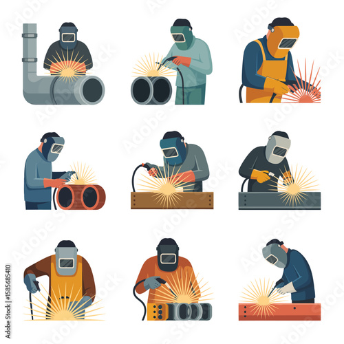 Collection of nine illustrations showing welders working on metal pipes and beams