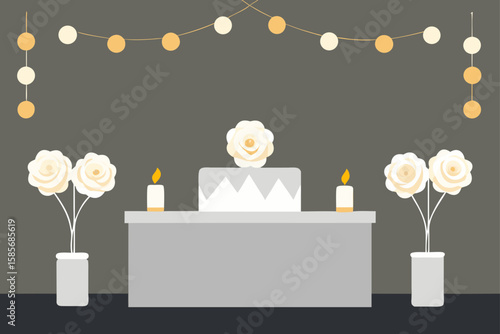 elegant birthday party setup with white roses 
