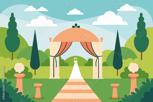 elegant outdoor wedding scene in manicured garden 