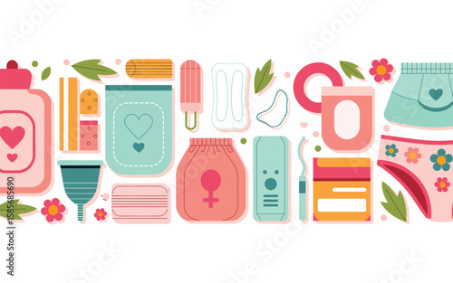 Collection of feminine hygiene products and menstrual care items in a flat design
