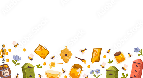 Natural honey horizontal web banner. Honey jars, honeycomb, bees, beehive, organic healthy food and sweet product. Vector background with honey products and apiary. Beekeeping cartoon illustration.