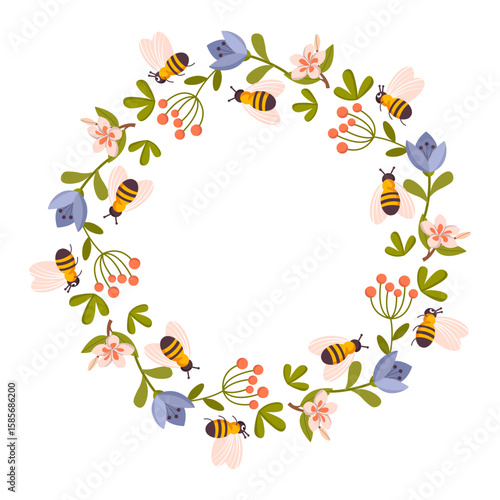 Round frame with bees, honeycombs and flowers. Cute bee characters with flowers circle frame flat vector illustration isolated on white. Circle template for summer designs, farm supplies, honey labels