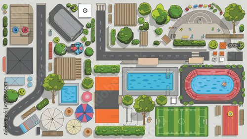 Aerial view of a city park with swimming pools sports fields and recreational areas