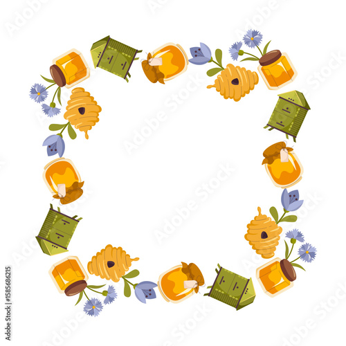 Square frame with honeycombs, honey jar, flowers. Cute bee products with flowers square frame flat vector illustration isolated on white. Circle template for summer designs, farm supplies, honey label
