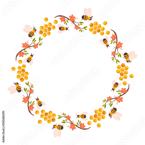 Round frame with bees, honeycombs and flowers. Cute bee characters with flowers circle frame flat vector illustration isolated on white. Circle template for summer designs, farm supplies, honey labels