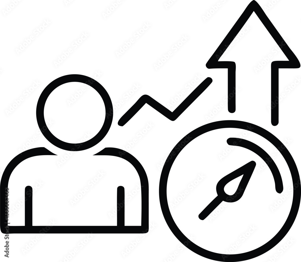 Line art icon illustrating human progress with upward trend, speed meter, and graph Line art icon illustrating human progress with upward trend, speed meter, and graph