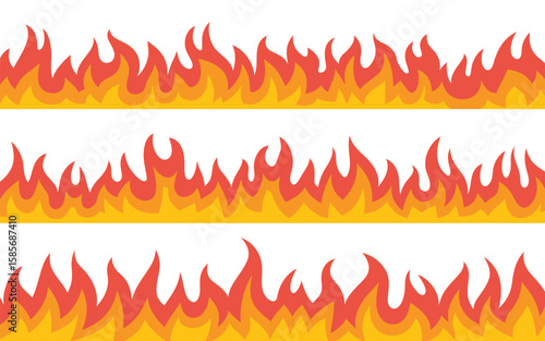 Seamless horizontal borders of stylized red and orange flames on a white background