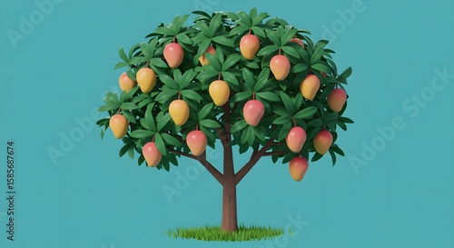 Cartoon mango tree with ripe yellow and pink fruits on a teal background