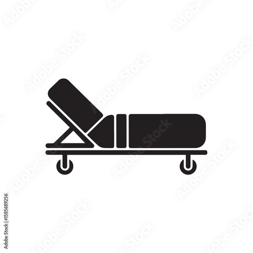 A black silhouette of a medical stretcher or gurney with wheels and an adjustable backrest, isolated on a white background