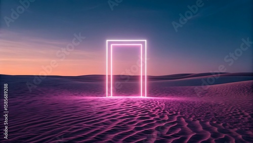 Futuristic neon door in glowing pink light standing in desert sand at twilight

