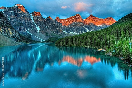 Photos Sunrise Reflections Over Moraine Lake's Tranquil Waters