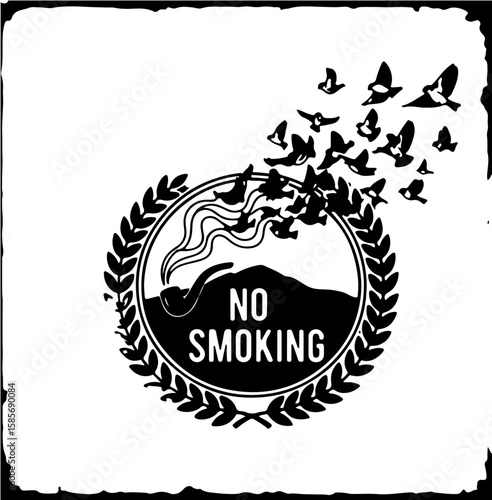 Vintage no smoking emblem: pipe smoke transforms into flying birds. Freedom & clean air concept.