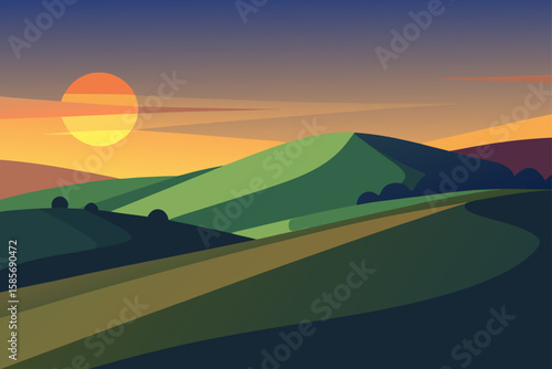 long shadows on rolling hills in evening summer 