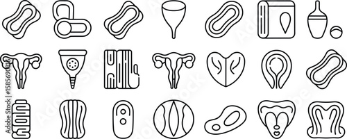 Menstrual hygiene line icons collection with pads, tampons, menstrual cups, uterus, reproductive health, female care, period safety and protection