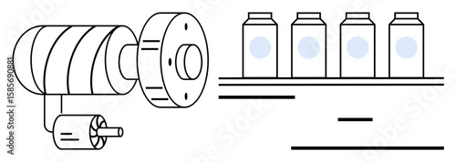 Conveyor belt with motorized roller moving bottles along automated line. Ideal for manufacturing, automation, industrial process, packaging, robotics, production efficiency, simple landing page