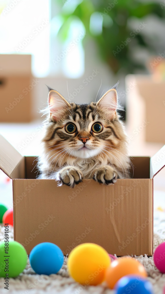 Fototapeta premium Curious Fluffy Cat Peeking from Cardboard Box with Colorful Balls