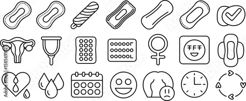 Menstrual hygiene, feminine health icons set including sanitary pads, tampons, menstruation cycle, uterus, mood swings, editable line vector pack