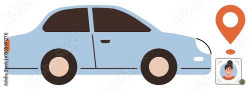 Blue car, orange location pin, profile photo symbolizing ride-sharing, navigation, or carpooling services. Ideal for transportation, mobility solutions, travel, urban commuting logistics apps