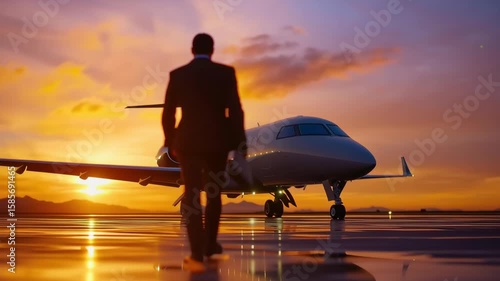 Business Executive Walking Towards Private Jet at Dusk with Beautiful Orange and Purple Sunset Sky