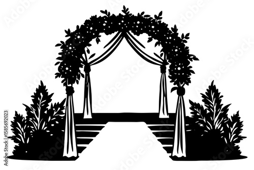 outdoor wedding aisle with floral arch and green 