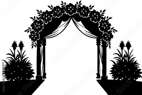 outdoor wedding aisle with floral arch and green