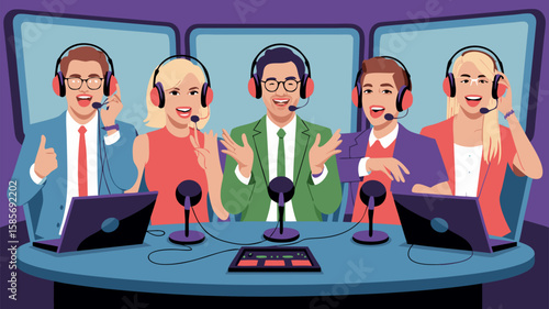 Modern Vector SVG Illustration of Radio Hosts with Headsets and Microphones in Flat Design Style with Bright Colors for Media and Broadcast Applications