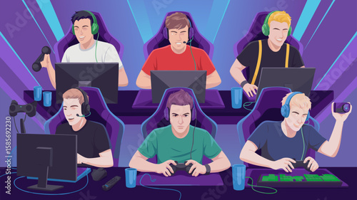 Vector SVG Illustration of E-Sports Team in Modern Flat Style with Bright Colors