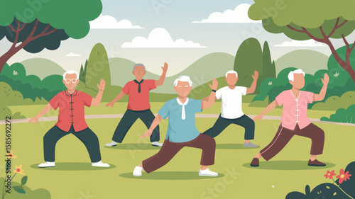 Minimalist Vector SVG Illustration of Elderly People Practicing Tai Chi in Park in Flat Design Style with Bright Colors