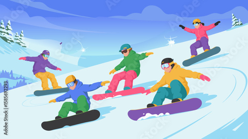 Vector SVG Illustration of Skiers in Modern Flat Style with Bright Colors on Snowy Mountain Scene