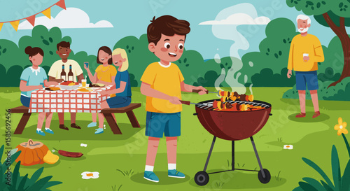 Colorful Vector SVG Illustration of Children and Elderly People Camping with Barbecue in Flat Modern Style