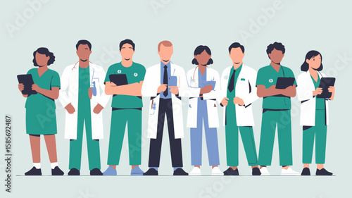 Vector SVG Illustration of Medical Professionals Group in Flat Modern Style with Diverse Attire and Devices for Healthcare Branding