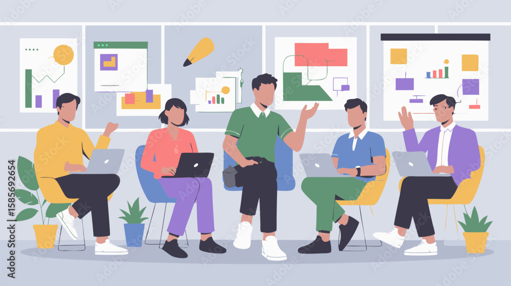 Obraz premium Flat Vector SVG Illustration of Business Meeting with People and Charts in Modern Minimalist Style