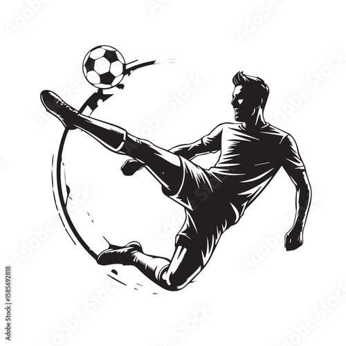 A dynamic silhouette of a soccer player executing a powerful kick, capturing the intensity and athleticism of the sport in a stylized black and white graphic