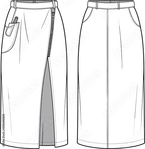 Cad drawing flat vector illustration, stylish denim shorts fashion design, front back view, rolled hem layout, garment sewing template artwork